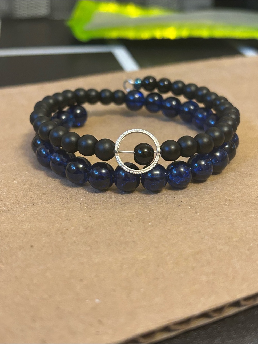 Matte Black & Blue Mens/Ladies Protection Bracelets on miracle wire